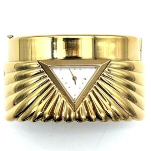 Vintage 80s The Franklin Mint Women's Gold Tone Ribbed Cuff Bracelet Watch 1988